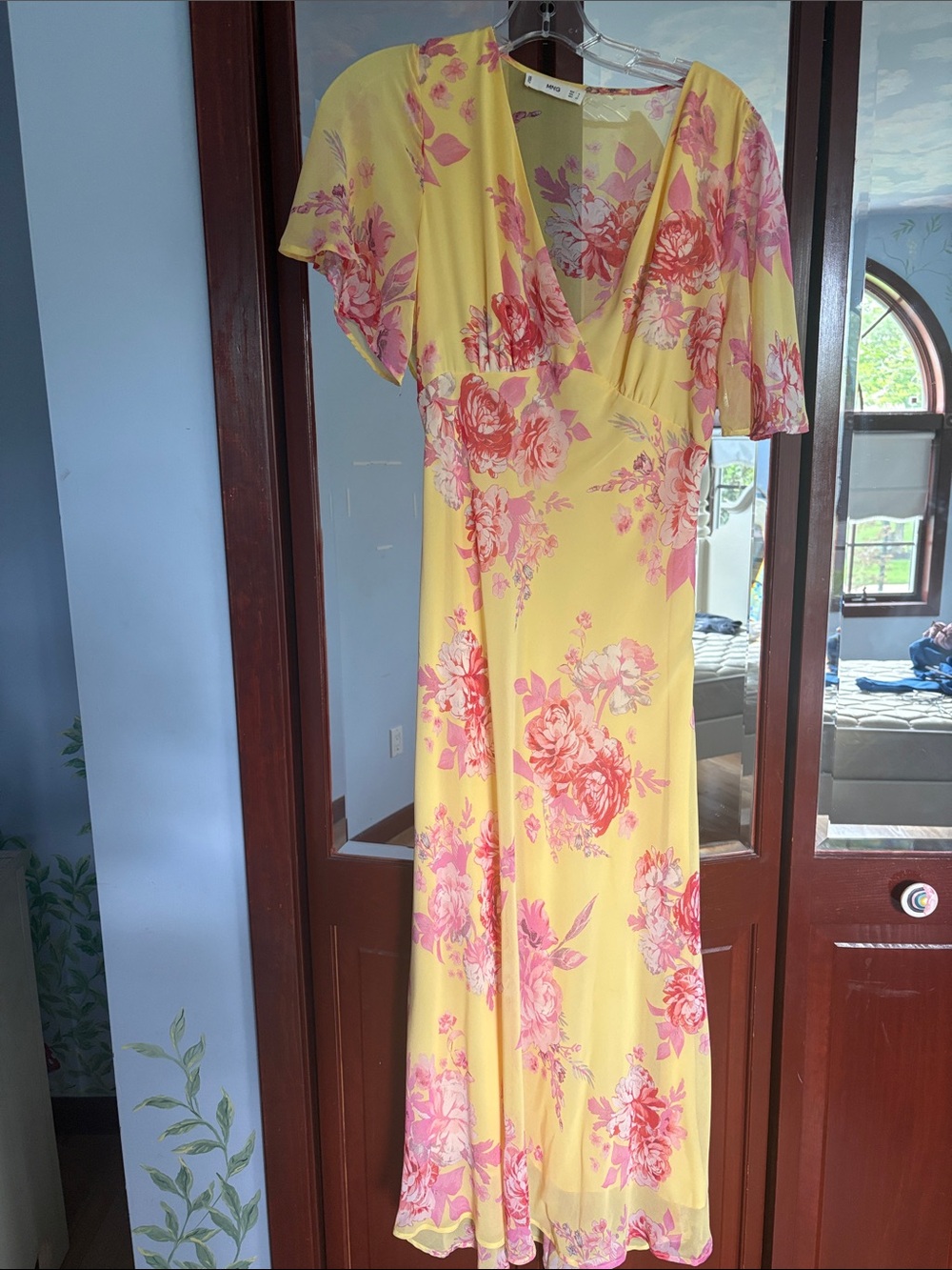 MNG (Mango) Floral Flutter-Sleeve Wrap Dress - Yellow & Pink